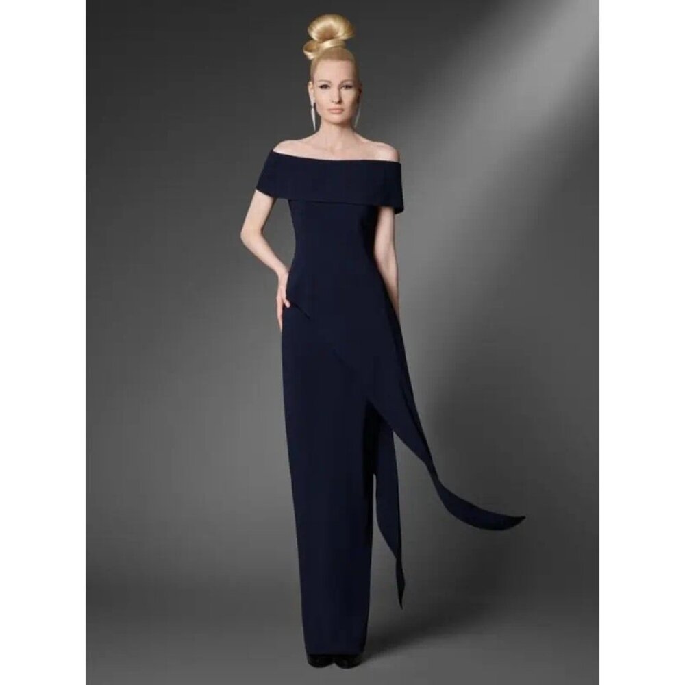 Tom & Linda Platt 4 Matte Crepe Cuff Top Peplum Gown Black 1621 Off Shoulder